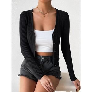 minimalist Ribbed Knit Button down Cropped Cardigan sweater black